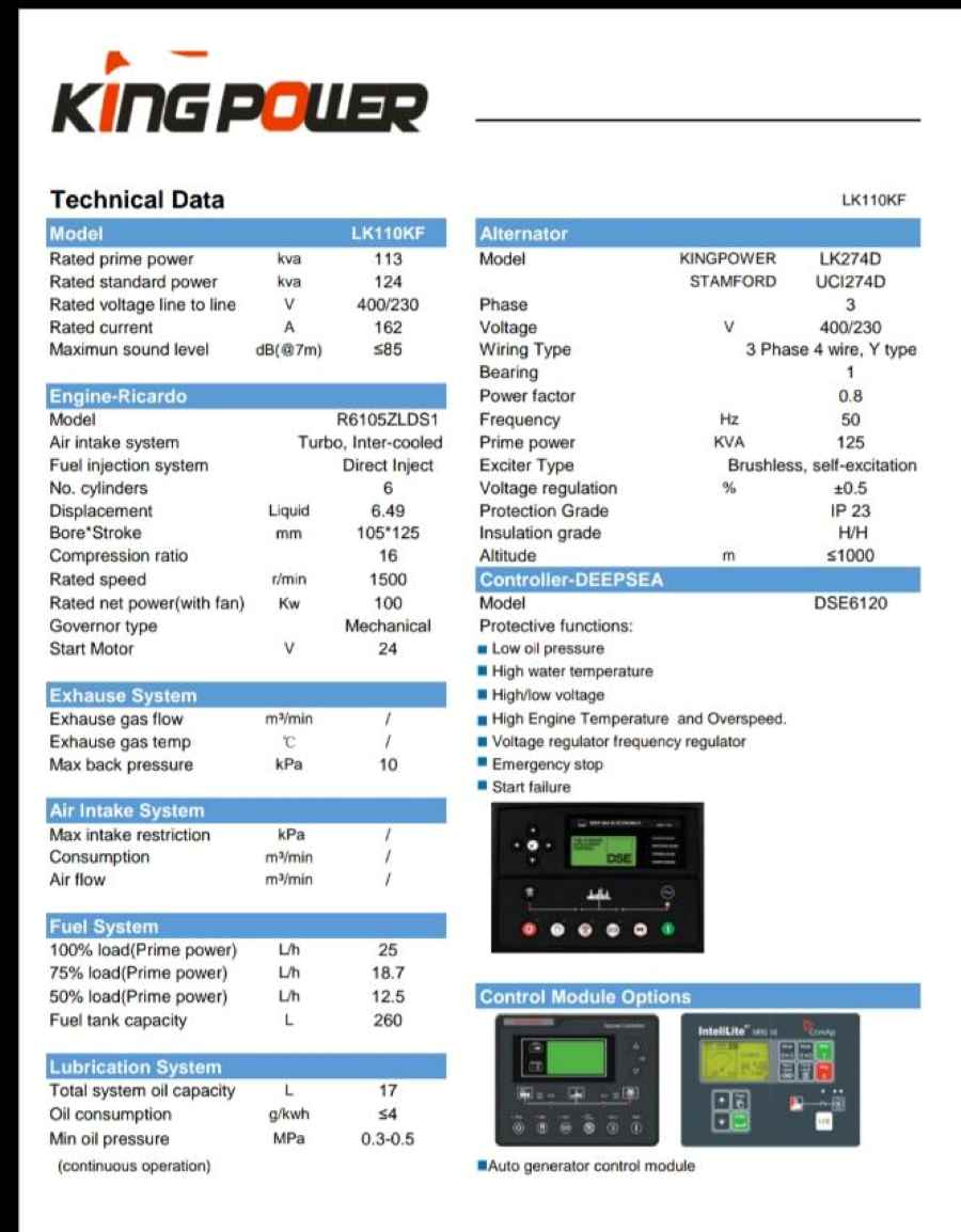 King Power Generator 125KVA(Ricardo/Kofo)